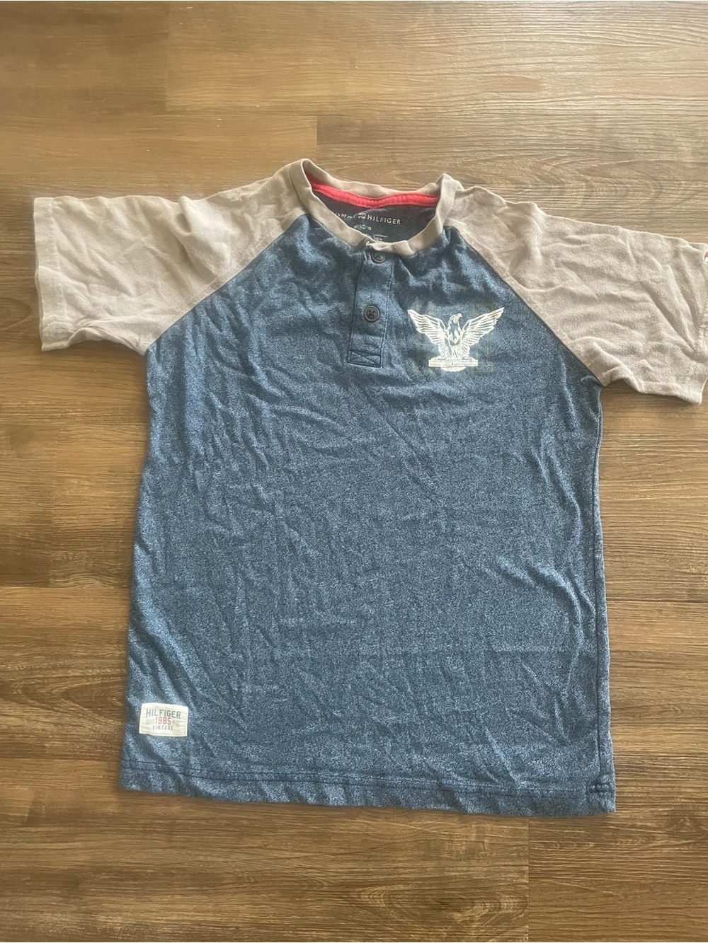 Tommy Hilfiger Blue Body with Gray Raglan Sleeves Henley Tee